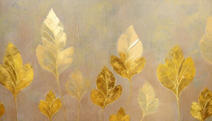 art painted golden leaves in pastel technique on a texture wall photo wallpaper in the interior
