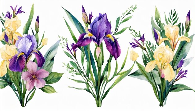 watercolor arrangements with flowers vintage irises bouquets with leaves branches botanic illustration isolated on white background