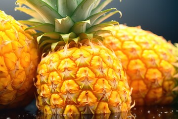  a couple of yellow pineapples sitting next to each other on a black surface with drops of water on the surface.