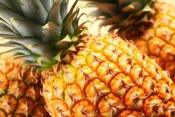  a couple of pineapples sitting next to each other on top of a yellow counter top with drops of water on the tops of the pineapples.