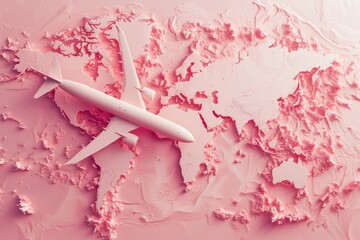 a pink world map with an airplane on it, in the style of pop inspo, soft pink and pink