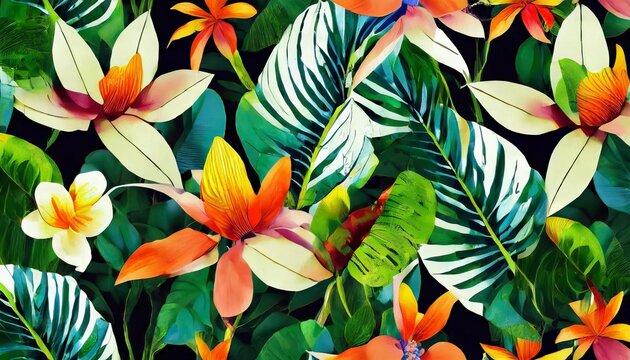 modern exotic floral jungle pattern collage contemporary seamless pattern hand drawn cartoon style pattern