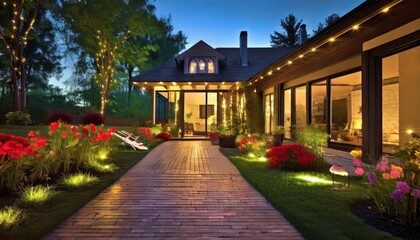 summer evening on the patio of beautiful suburban house with lights in the garden garden digital ai