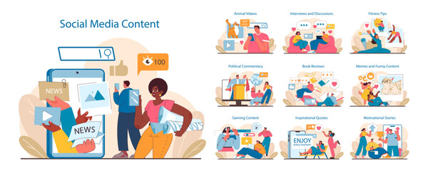 Social Media Content set. Diverse online interactions and digital engagement. From news to animal videos, fitness, and memes. User-generated scenes of digital culture. Flat vector illustration.