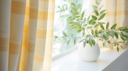 Sunlit Striped Curtains and Plant on a Peaceful Window Sill