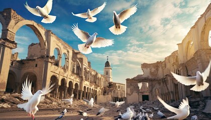 peace crisis concept white dove pigeons flying in front of collapsed buildings sorrowful scenery right palestinian ukraine middle east countries in conflict international day peace blurred image - obrazy, fototapety, plakaty