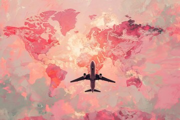a pink world map with an airplane on it, in the style of pop inspo, soft pink and pink - obrazy, fototapety, plakaty