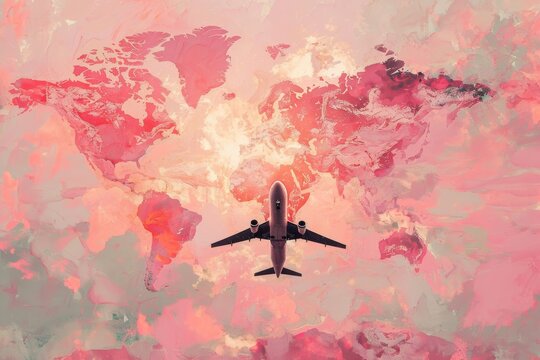 Fototapeta a pink world map with an airplane on it, in the style of pop inspo, soft pink and pink