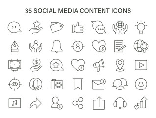 Social Media Content icons set. Array of digital engagement and network interaction icons. Communication, sharing, connection in online communities. Flat vector illustration.