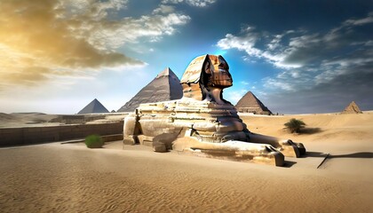 great sphinx near the pyramids in the sandy desert - obrazy, fototapety, plakaty