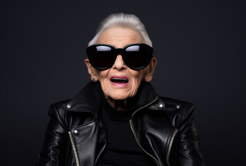 Rock and roll, smiling grandma in a leather jacket.Minimal creative Concept of timelessness and support for elderly individuals.Copy space,top view.Generative Ai