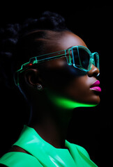 Girl with neon-framed glasses.Minimal creative fashion concept.Top view.Generative Ai