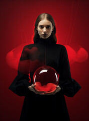 Woman with a magic sphere in her hands.Concept of minimalistic creative fantasy.Top view.Generative Ai