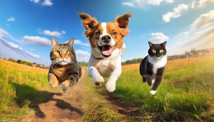 cute funny dog and cat group jumps and running and happily a field blurred background - obrazy, fototapety, plakaty