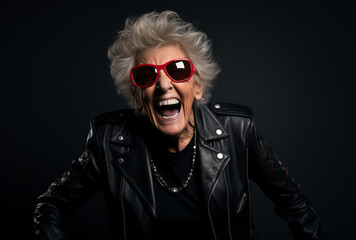 Rock and roll, smiling grandma in a leather jacket.Minimal creative Concept of timelessness and support for elderly individuals.Copy space,top view.Generative Ai - obrazy, fototapety, plakaty