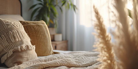 Boho Style Bedroom with Natural Tones and dry flowers. Close-up of a cozy bedroom with boho chic decor, featuring earth-toned pillows and a macramé throw. - obrazy, fototapety, plakaty