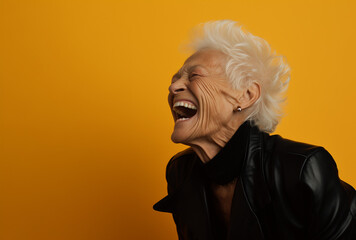 Rock and roll, smiling grandma in a leather jacket.Minimal creative Concept of timelessness and support for elderly individuals.Copy space,top view.Generative Ai