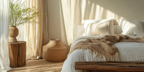Fototapeta na wymiar Boho Style sunny Bedroom with Natural Tones. Close-up of a cozy bedroom with boho chic decor, featuring earth-toned pillows and a macramé throw.