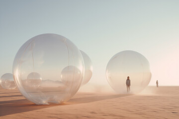 People with water walking balls.Minimal creative party concept.Top view,copy space.Generative Ai