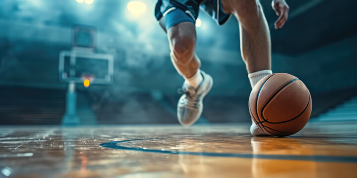 Dynamic Basketball Court Action Close-Up. Basketball player male legs and the ball on a hardwood court, capturing the motion and energy of the game, copy space.