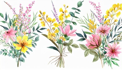 watercolor arrangements with garden flowers bouquets with pink yellow wildflowers leaves branches botanic illustration isolated on white background