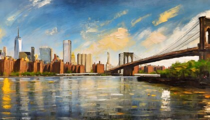 oil painting on canvas view of new york river and bridge modern abstract artwork painting american city urban illustration