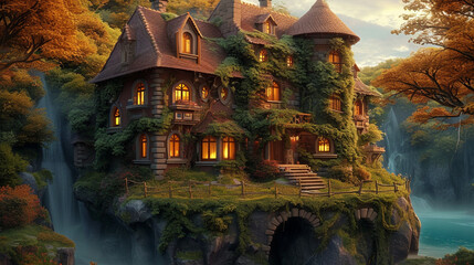 Fantasievolles Haus mit blühendem Efeu im Abendlicht.