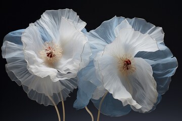 two white and blue flowers are in a vase on a black background with a red center in the middle of the picture.