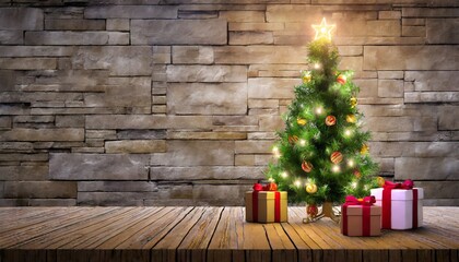 small christmas tree with lights and gift boxes on old wooden table on cozy textured stone wall background