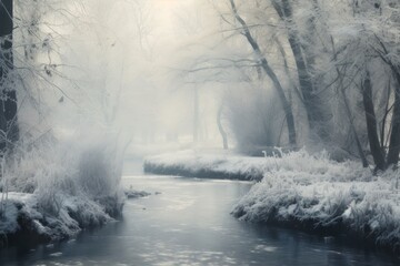  a river running through a forest filled with lots of trees and bushes covered in a thick layer of white snow.
