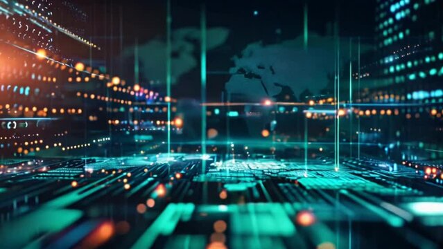 Abstract digital technology background with world map and binary code and lights Generative AI 