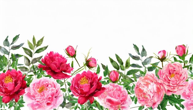 border for wallpaper watercolor pink and red flowers garden roses peonies collection leaves branches botanic illustration isolated on white background