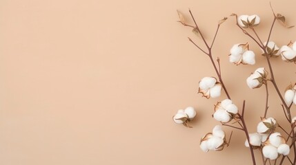 White cotton flowers on beige background. Flat lay, top view.
