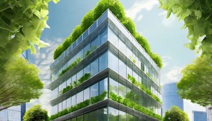  illustration of eco friendly construction in a contemporary metropolis a sustainable glass building with green tree branches and leaves for lowering heat and carbon dioxide - obrazy, fototapety, plakaty