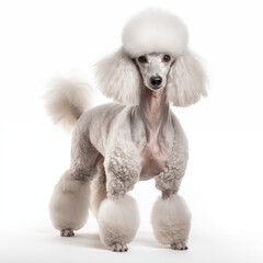 Poodle sitting in front of white background