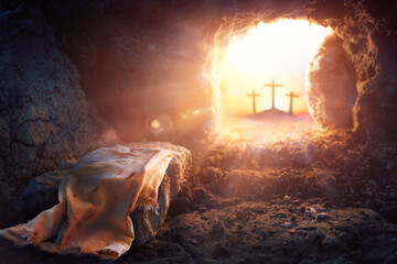 Resurrection Of Jesus Christ  - Empty Tomb -  Focus On Shroud And Defocused Crosses On Background With flare Lights Effects - 715900547