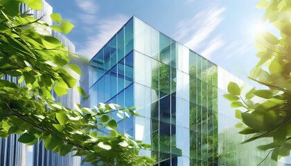  illustration of eco friendly construction in a contemporary metropolis a sustainable glass building with green tree branches and leaves for lowering heat and carbon dioxide