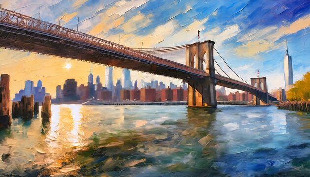 oil painting on canvas view of new york river and bridge modern abstract artwork painting american city urban illustration