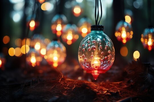  a close up of a light bulb with many lights in the background and a blurry image of trees in the background.