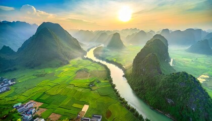 aerial view of dawn on mountain at ngoc con ward trung khanh town cao bang province vietnam with river nature green rice fields near ban gioc waterfall - obrazy, fototapety, plakaty