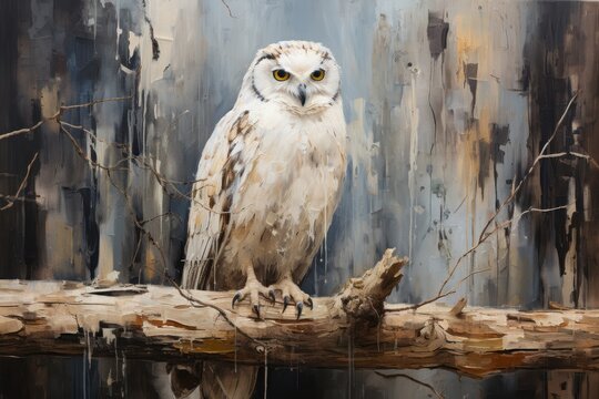  a painting of a white owl sitting on a branch in front of a painting of a blue and brown background.