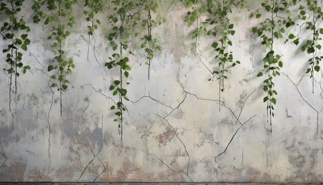 a cracked wall on which trees are painted from which branches with leaves hang painted on a textured background photo wallpaper