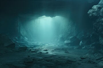  a cave filled with lots of rocks and a light at the end of the tunnel in the middle of the cave.