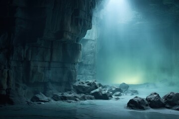  a cave filled with lots of rocks and a bright light coming from the top of one of the cave walls.
