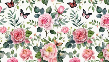seamless floral watercolor pattern with garden pink flowers roses leaves birds butterfly branches botanic tile background
