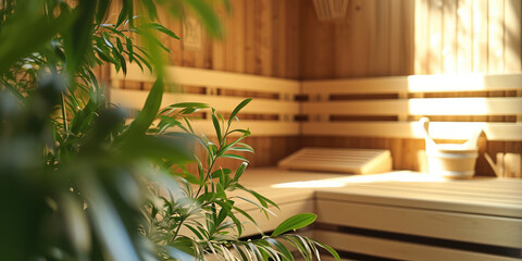Warm empty Wooden Sauna Interior with green plants. Detail of a sauna's wooden benches and wall, illuminated by soft light, with a shallow depth of field.