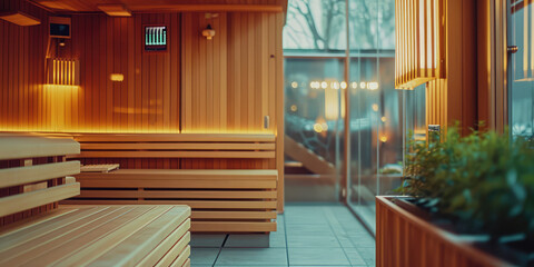Obraz na płótnie Canvas Warm empty Wooden Sauna Interior with green plants. Detail of a sauna's wooden benches and wall, illuminated by soft light, with a shallow depth of field.