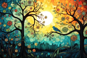  a painting of a blue bird sitting on a tree branch in front of a yellow and blue sky with flowers.
