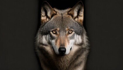 scary dark gray wolf canis lupus direct eye contact in the dark looking at the camera on a black background