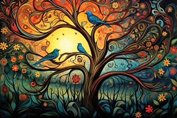  a painting of two blue birds sitting on a tree in front of a yellow and blue sky with swirls and flowers.